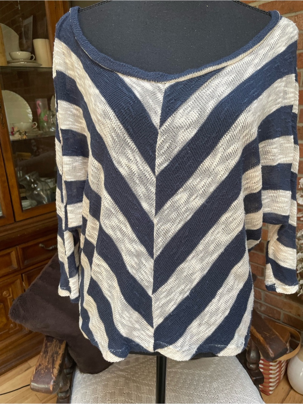 edge Navy and Cream Off-the-Shoulder Striped Sweater